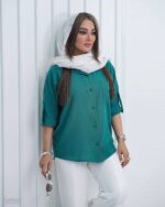 شومیز یقه مردانه مدل چیکا با جنس لینن و قد 66 - تصویر 3