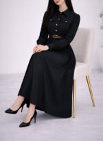 پیراهن مانتویی مدل حلما با جنس کرپ مازراتی و قد حدودی 130