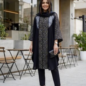 مانتو بلند زنانه مشکی شانتون با خرجکار لنین کد 0461 در گالری مدیسه
