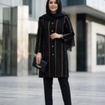 مانتو مجلسی سایز بزرگ ژاکارد مشکی طلایی کد 0451 گالری مدیسه
