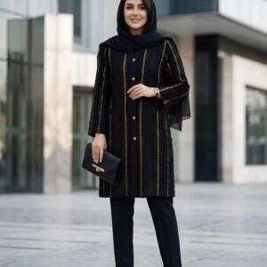 مانتو مجلسی سایز بزرگ ژاکارد مشکی طلایی کد 0451 گالری مدیسه