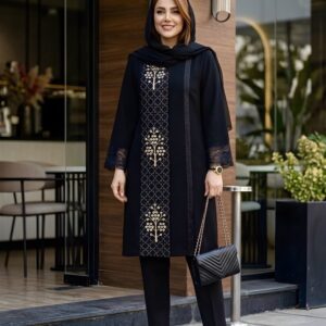 مانتو کتی بلند سایز بزرگ مشکی با خرجکار هندی طلایی کد 0459