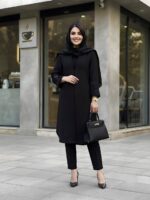 مانتو قواره دار اداری با جنس شانتون اندونزی و قد 107 سایز 48 تا 58