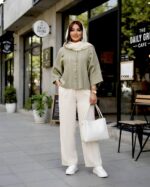 شومیز دکمه دار زنانه کد 0471 با جنس شانتون راه راه و قد 59 - تصویر 3