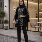 تن‌خور مانتو پانچ مجلسی زنانه کد 0458 با ترکیب پارچه شانتون مشکی و تافته طرح‌دار سنتی در گالری مدیسه