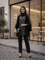 تن‌خور مانتو پانچ مجلسی زنانه کد 0458 با ترکیب پارچه شانتون مشکی و تافته طرح‌دار سنتی در گالری مدیسه