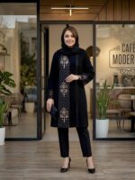 مانتو کتی بلند سایز بزرگ با خرجکار طرح هندی و جنس شانتون اندونزی 0459 - تصویر 3