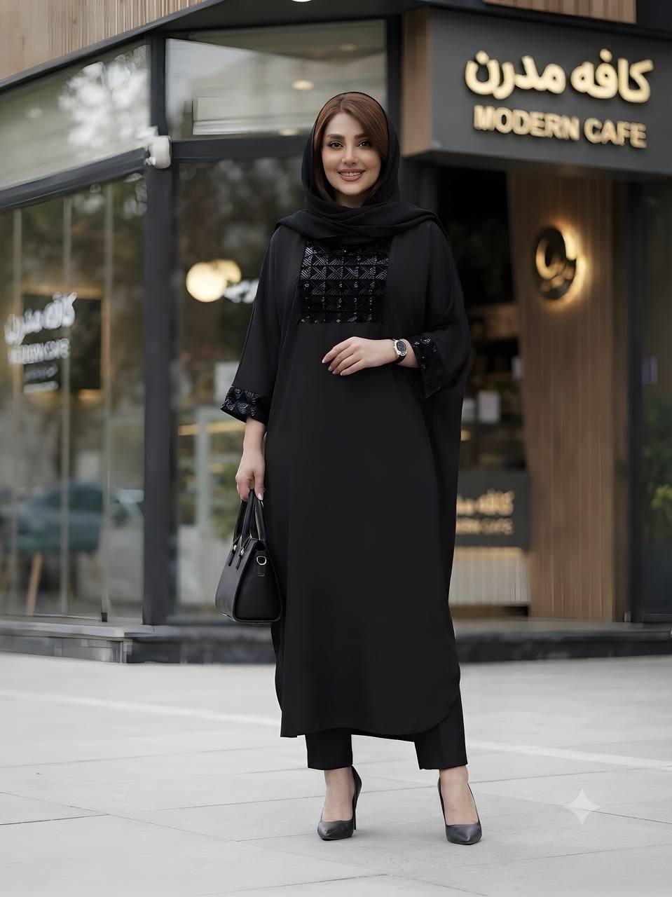 IMG_20260802_101752_098 عبای مجلسی زنانه کد 0477 با جنس کرپ اسود مشکی و خرجکار پولک دوزی شده در قد 125 سانت - تصویر 1